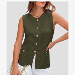 Stylish Olive Green Sleeveless Vest with Gold Buttons